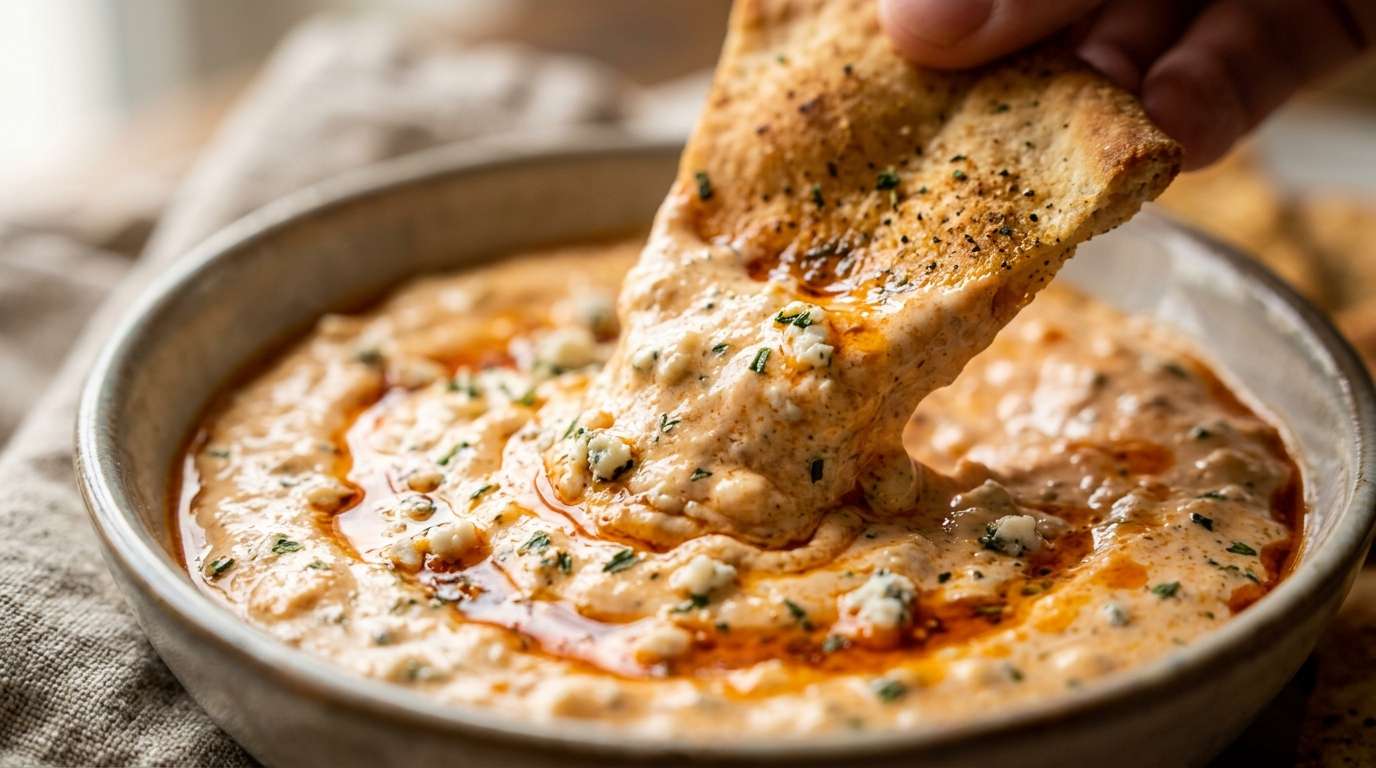 Orange-swirled buffalo yogurt dip in a bowl with celery sticks and blue cheese crumbles on top
