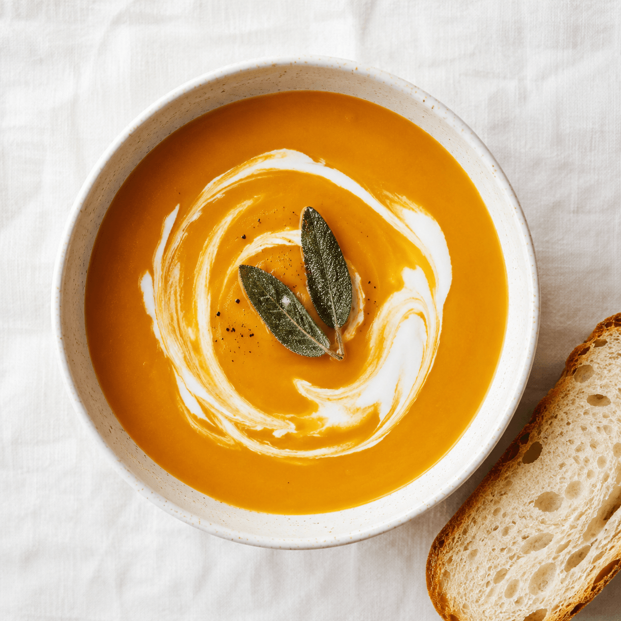 Butternut squash soup, silky and golden, with a swirl of cream and crispy sage