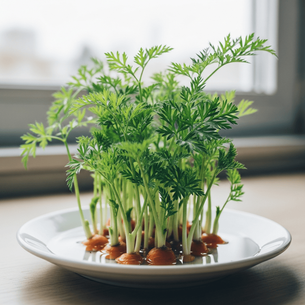 Carrot tops in a saucer of water sprouting ferny green leaves