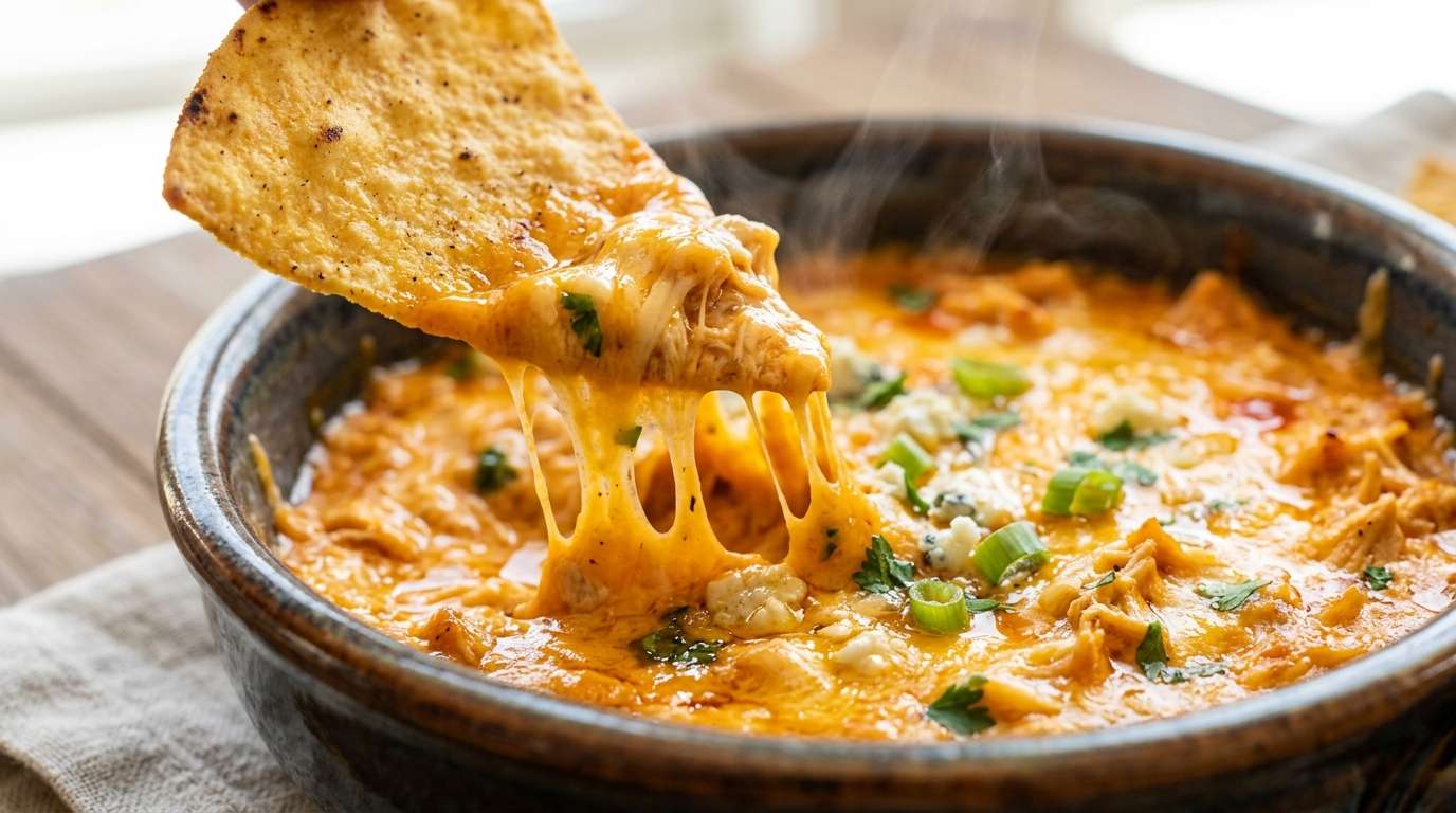 Cast iron skillet of bubbling buffalo chicken dip, golden cheese crust, tortilla chips fanned around the edge, rustic wood table