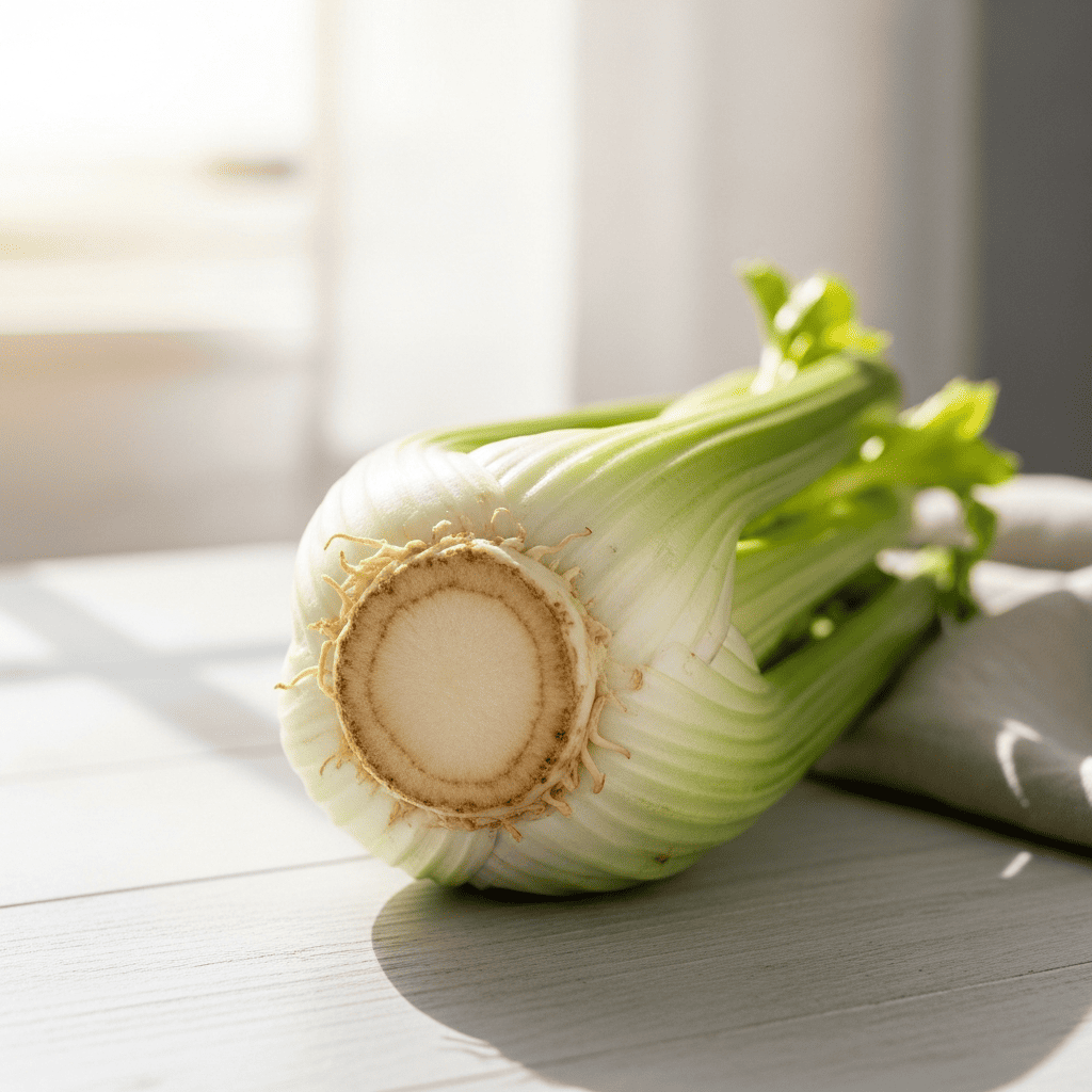 Celery base in a dish, a pale green heart unfurling from the center