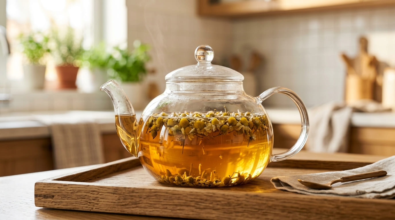 Chamomile blend tea — delicate, golden, calming bedtime tea