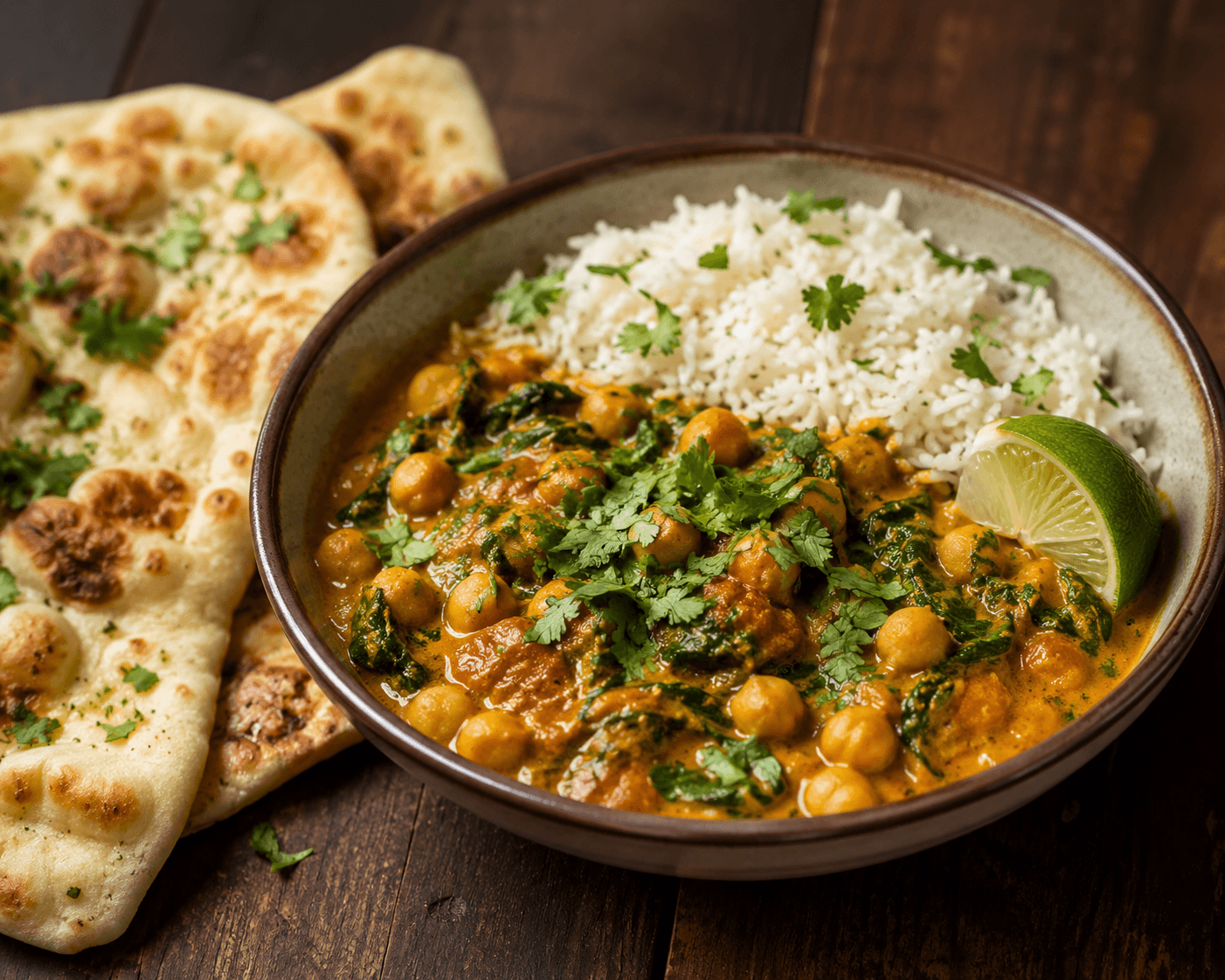 Chickpea and spinach curry over basmati rice, vibrant green spinach, fresh cilantro and lime