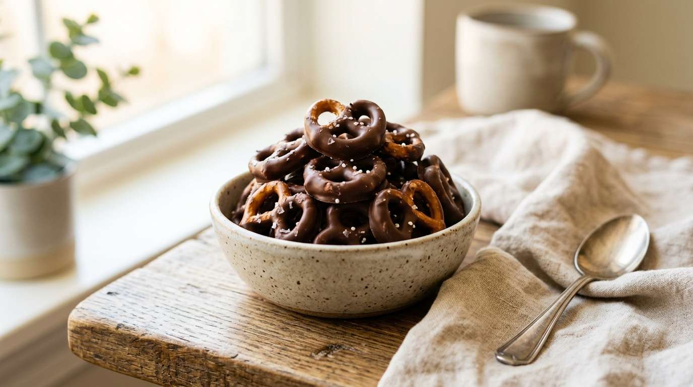 Chocolate-dipped pretzel bites half-dipped, arranged on parchment paper, sprinkles of sea salt visible, some with white chocolate drizzle, overhead shot