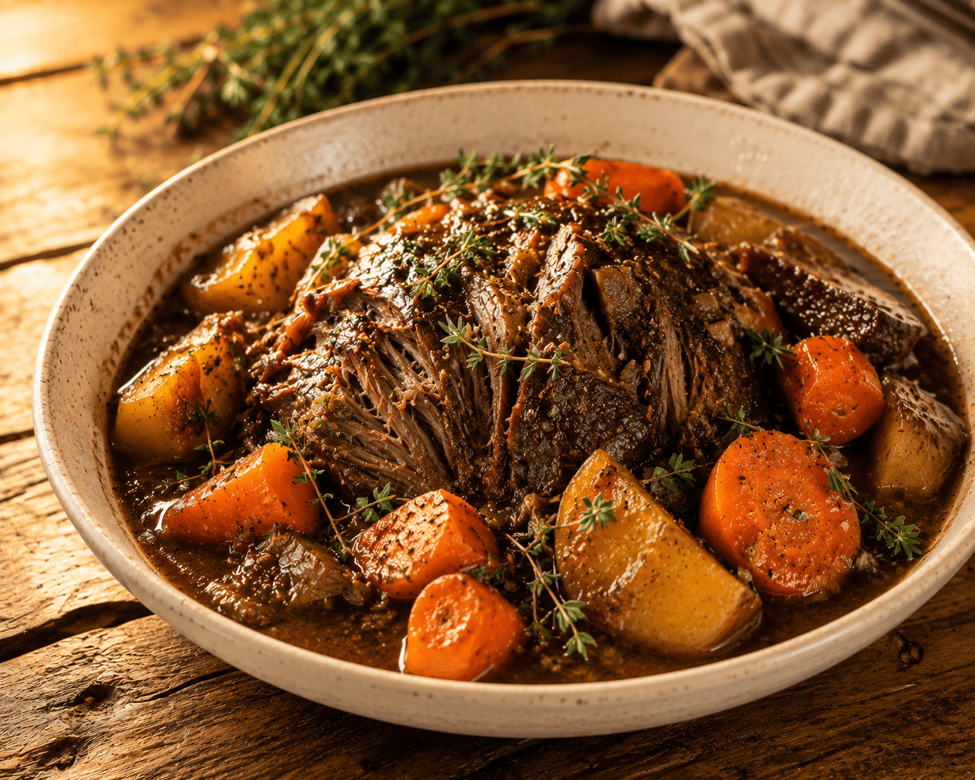 Classic pot roast with carrots and potatoes, fork-tender chuck roast, fresh thyme garnish