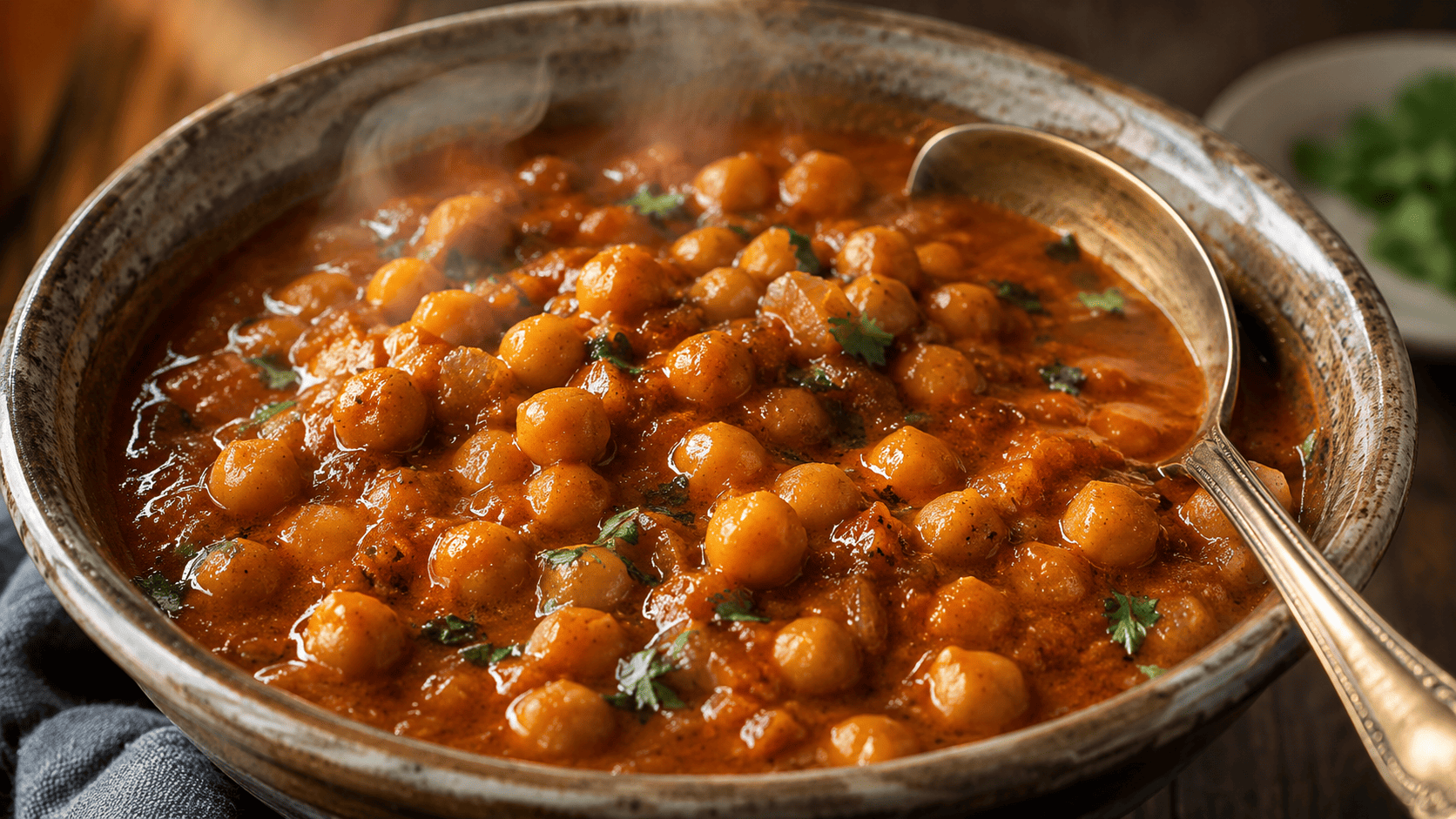 Close up bowl of chana masala, deep red-orange sauce