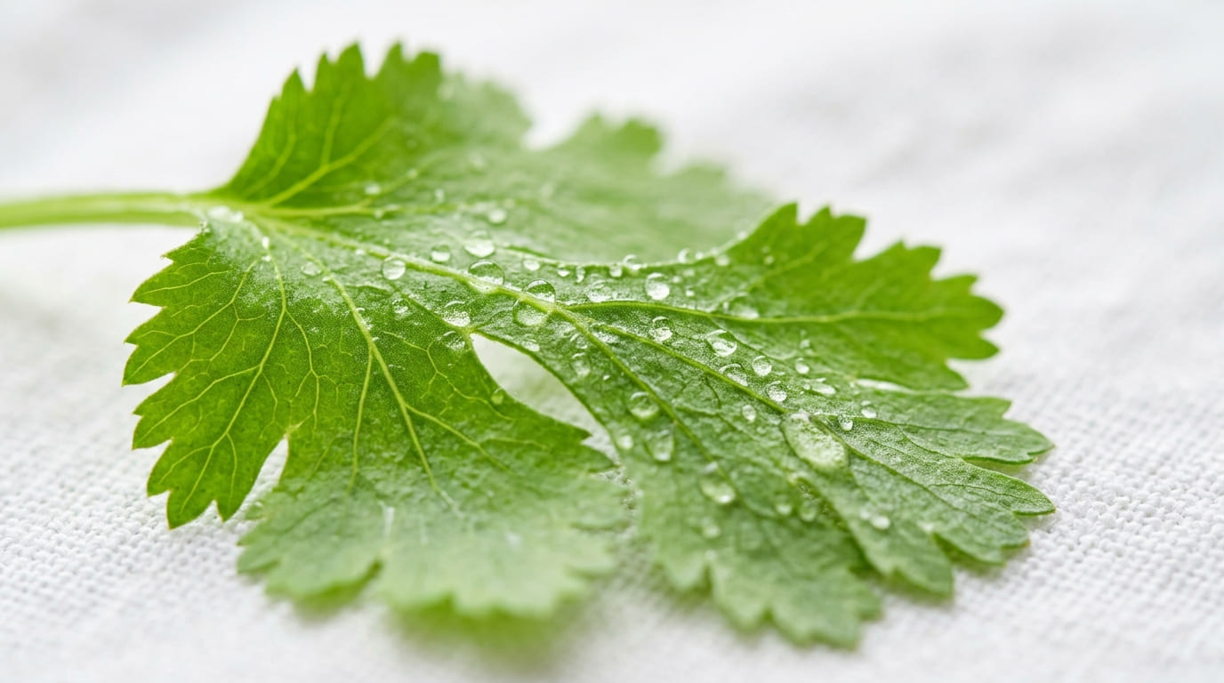 Close-up editorial macro of fresh herb leaves — individual cilantro or parsley leaf with visible texture, dark moody background, soft directional light