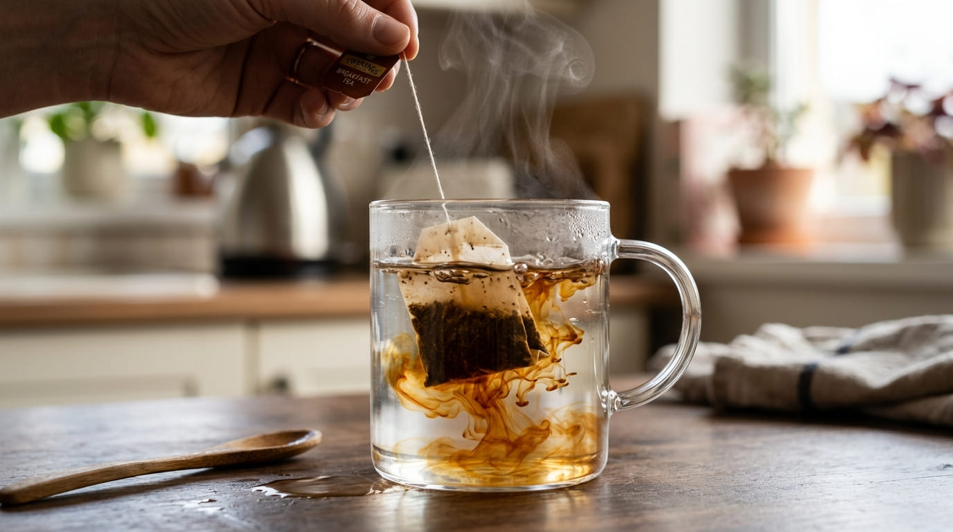 Close-up editorial photograph of used tea bags beside a ceramic compost bowl with fresh loose mint leaves and a brass tea strainer on linen cloth