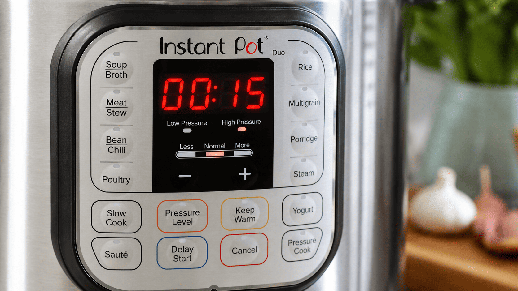 Close up of an Instant Pot control panel and lid seal