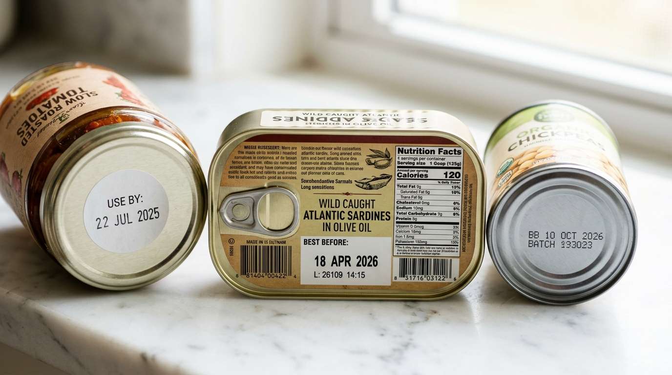 Close-up of food date labels on packaging — clean, editorial macro photography