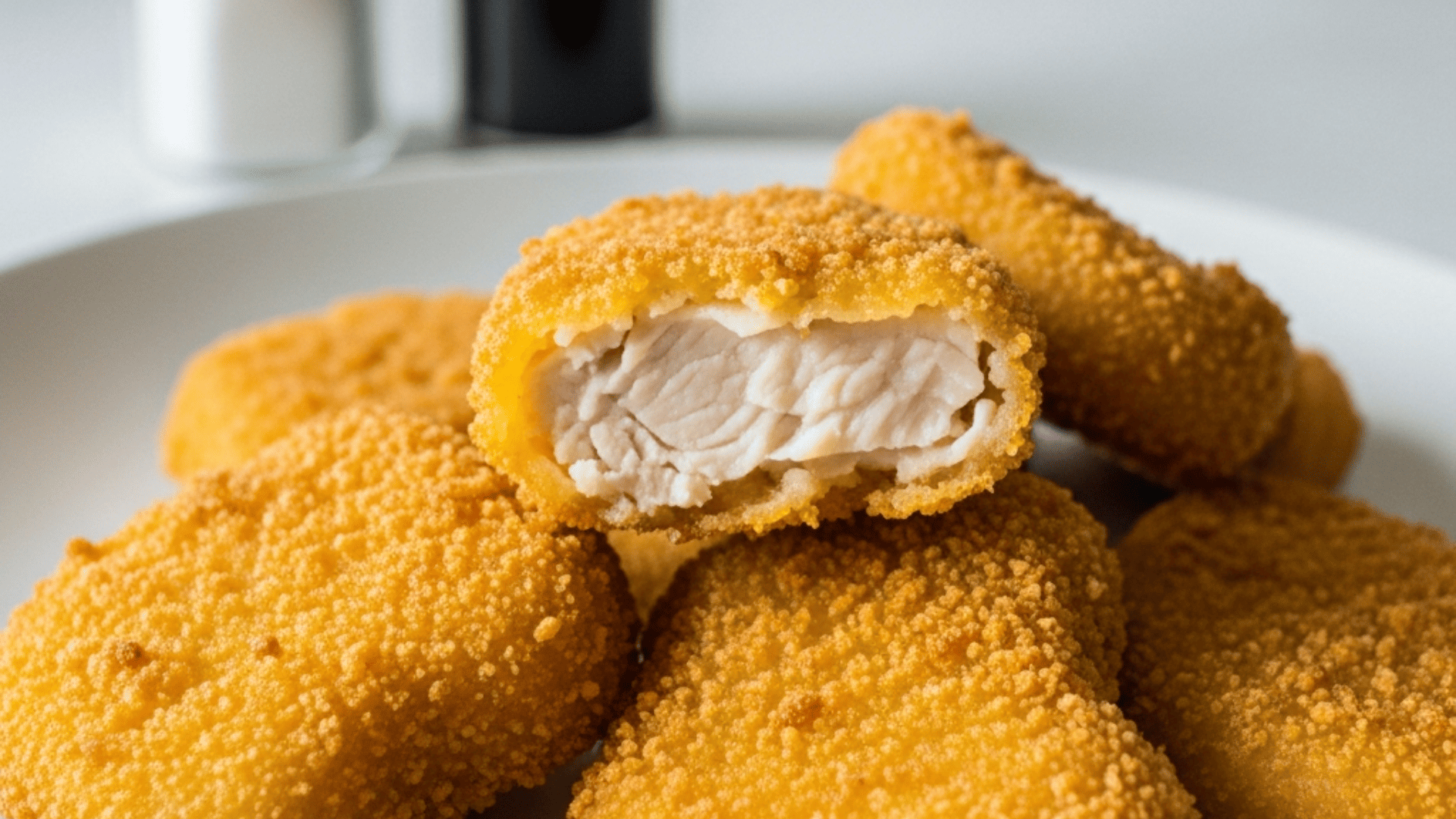 Close-up of crispy golden chicken nuggets with visible crunchy breading texture