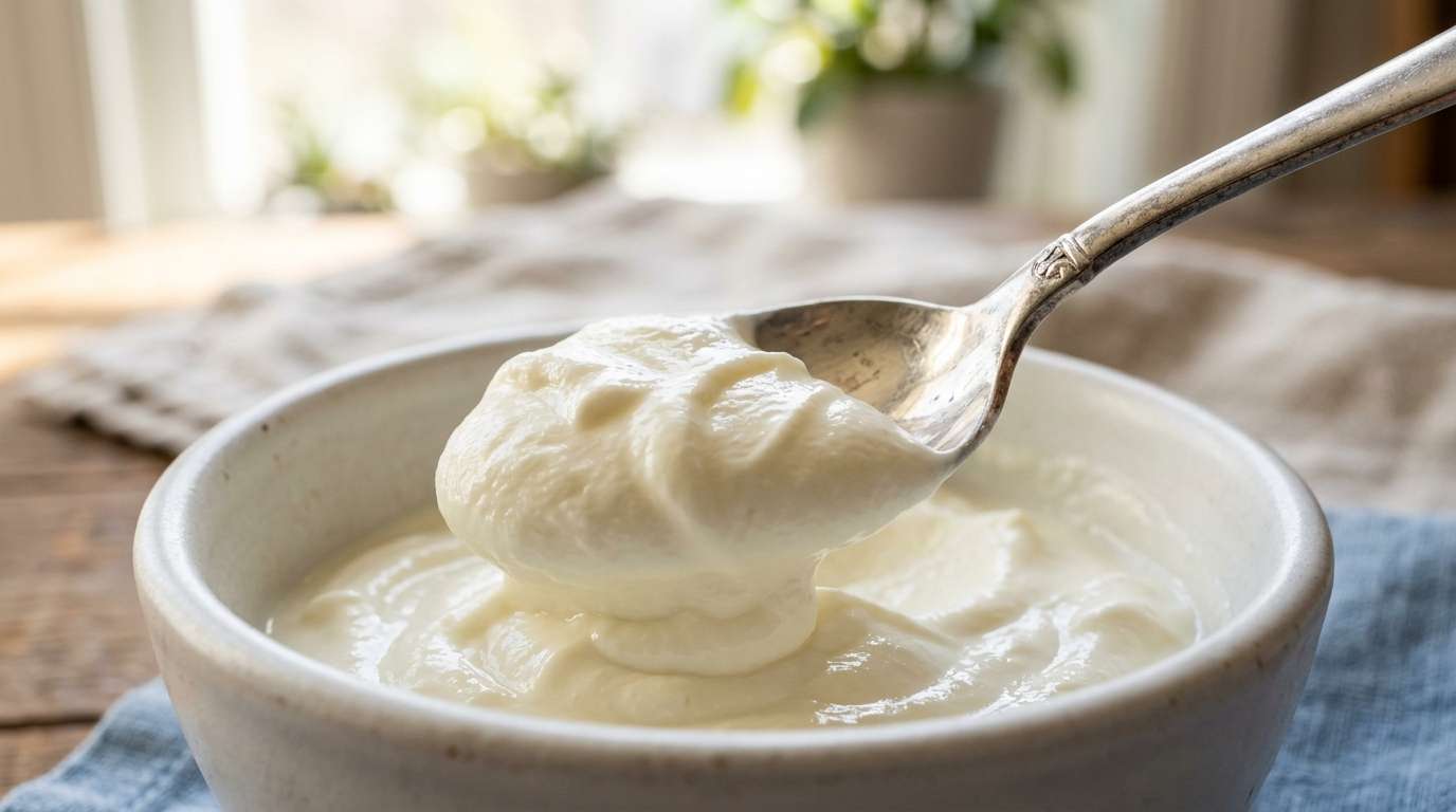 Close-up of thick Greek yogurt being spooned into a ceramic bowl