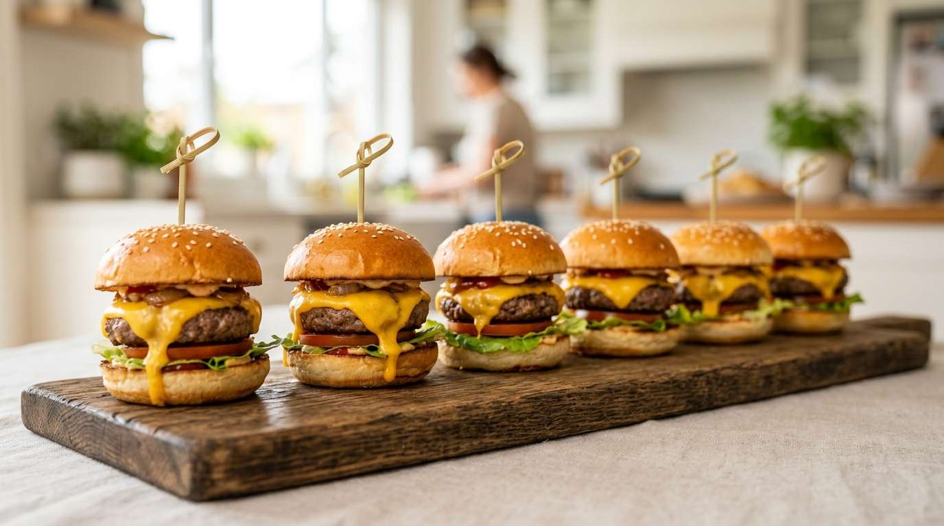 Close-up row of cheeseburger sliders on a wooden board, slightly skewered with cocktail picks, melted cheese visible, sesame buns glistening