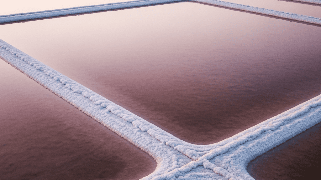 Coastal salt evaporation ponds at golden hour, geometric pools of seawater drying into white salt crust, aerial editorial composition