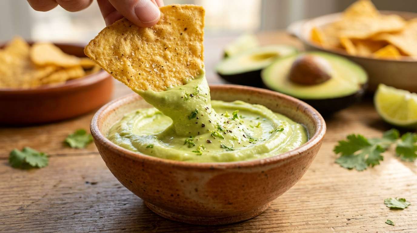Bright green creamy avocado yogurt dip in a stone bowl with halved avocado and lime alongside, tortilla chips scattered