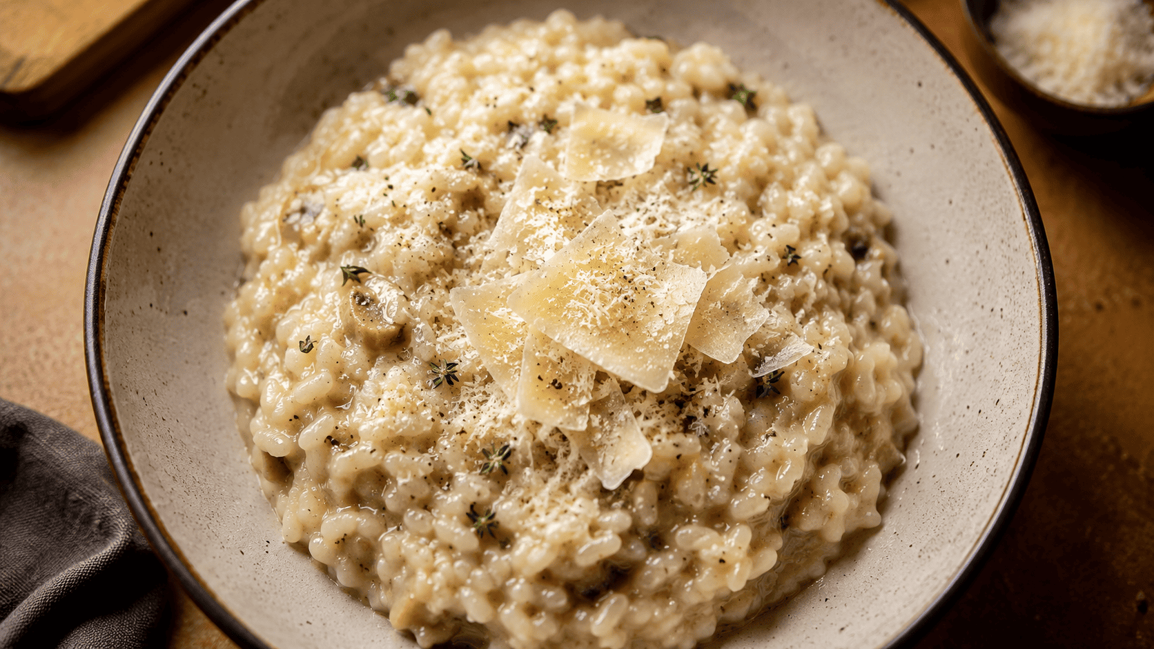 Creamy risotto in a wide shallow bowl, steam rising