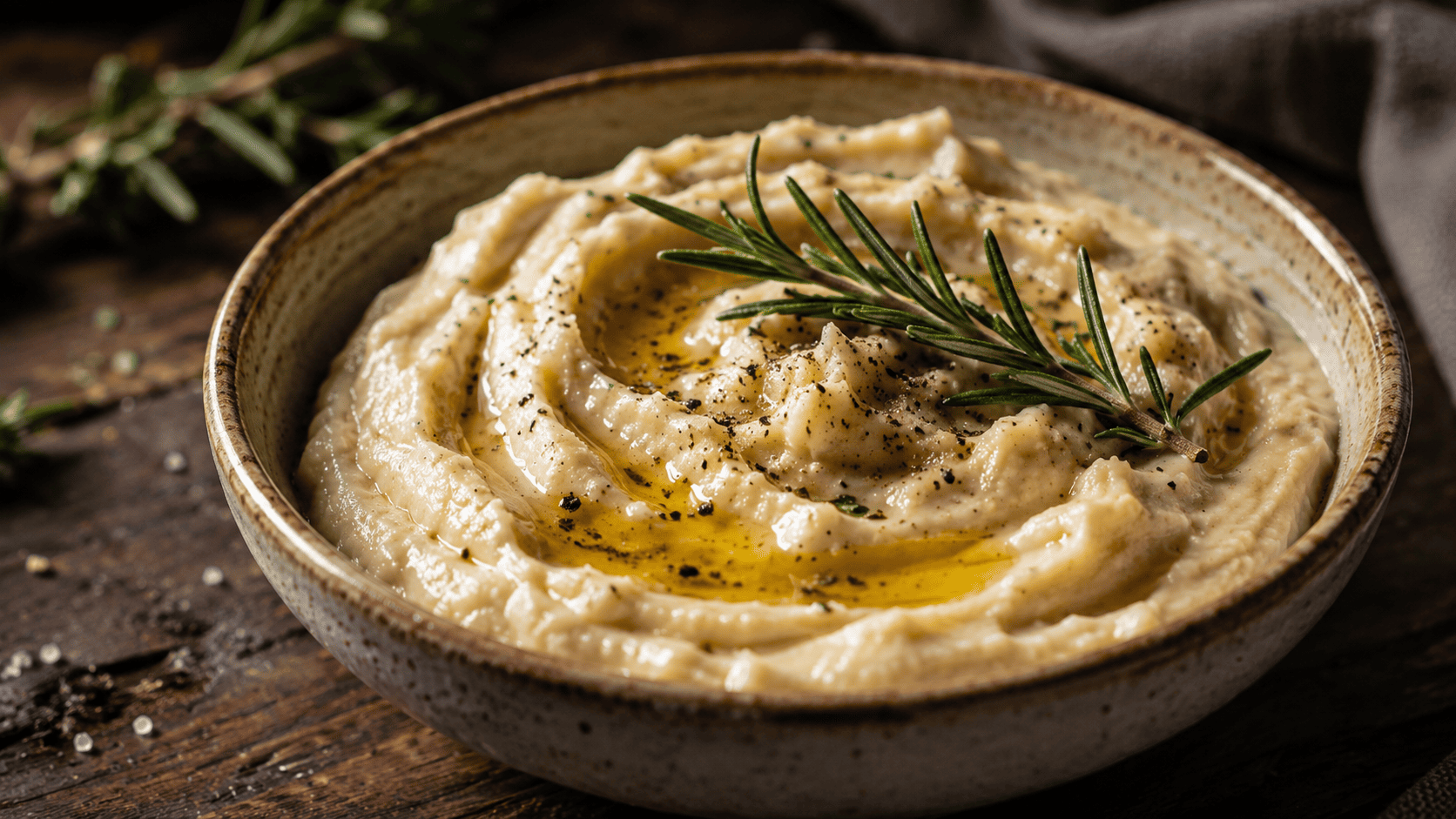 Creamy white bean mash in a rustic bowl, drizzle of olive oil