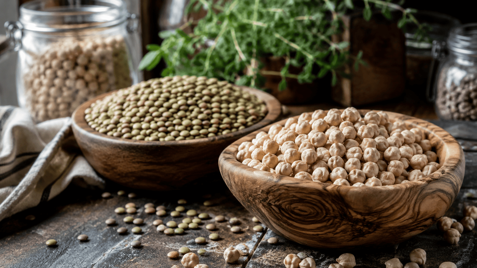 Dried chickpeas and lentils in wooden bowls on a rustic kitchen counter