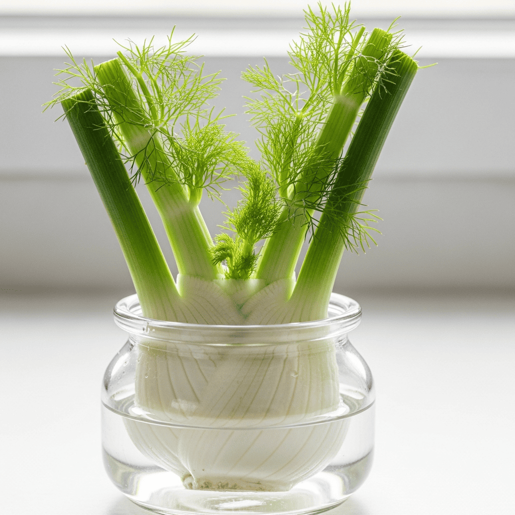 Fennel base in a jar or bowl of water sending up delicate feathery fronds