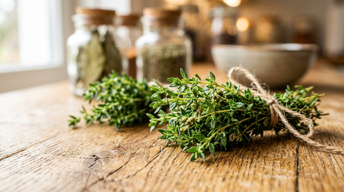 Flat-lay overhead of a beautifully organized kitchen counter — herb jars, fresh bundles, warm wood surface, cozy home kitchen aesthetic