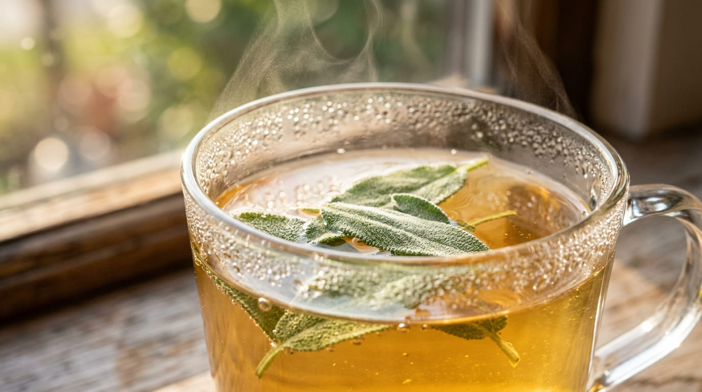 Fresh sage tea with lemon — earthy, medicinal, afternoon