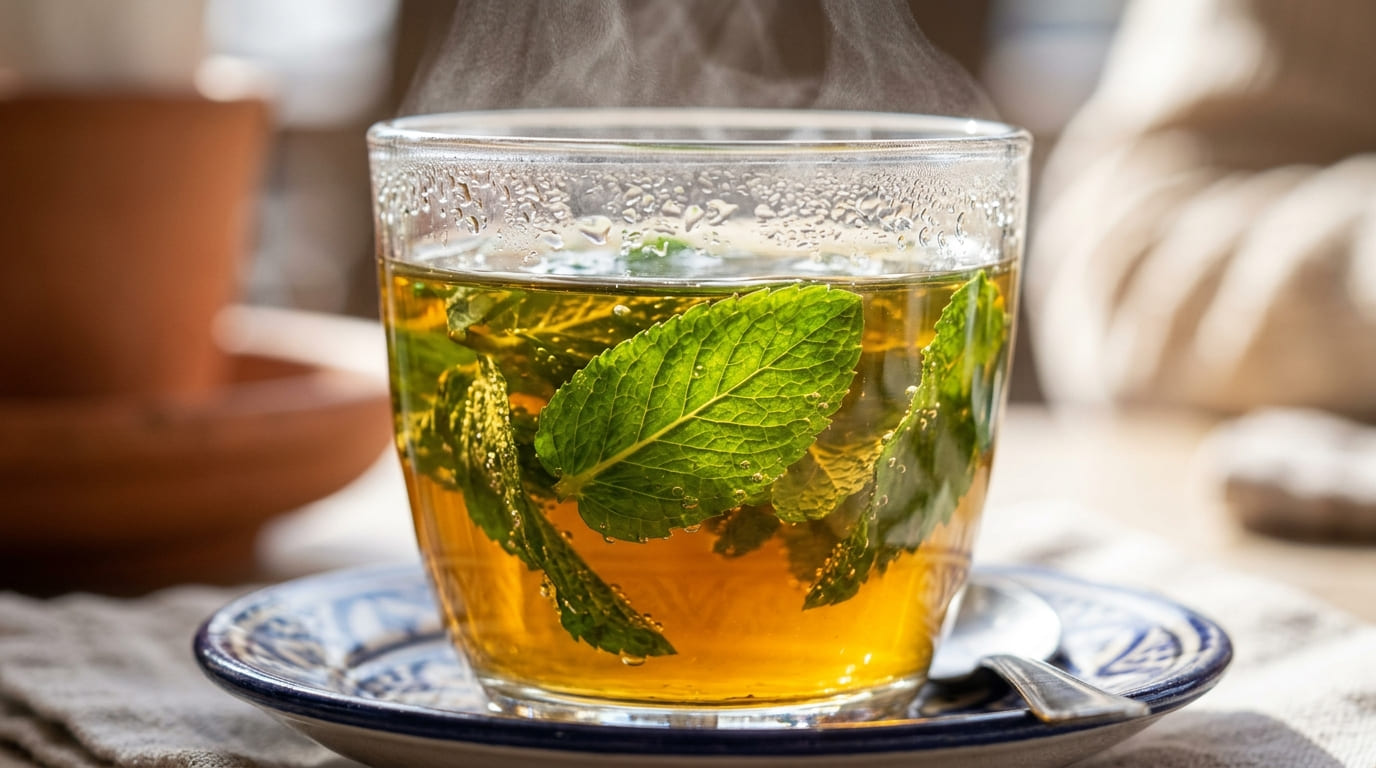 Fresh spearmint sprigs in a clear glass mug with hot water — bright and refreshing