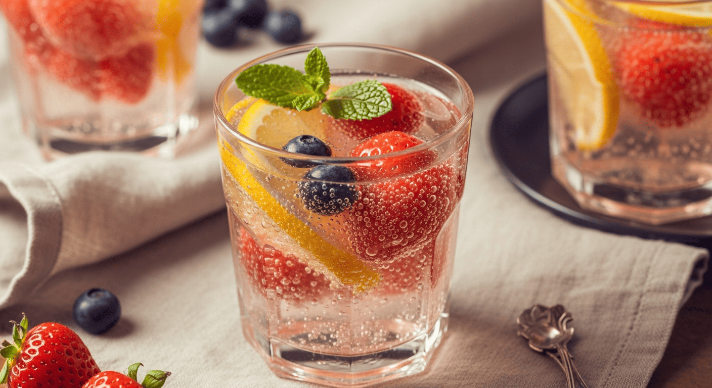 Fruit-infused sparkling water in a glass with berries and citrus, kid's cup nearby
