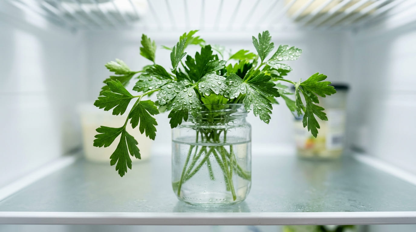 Glass jar of parsley standing in water on a fridge shelf — editorial refrigerator interior shot, soft cool-toned light, organized and minimal