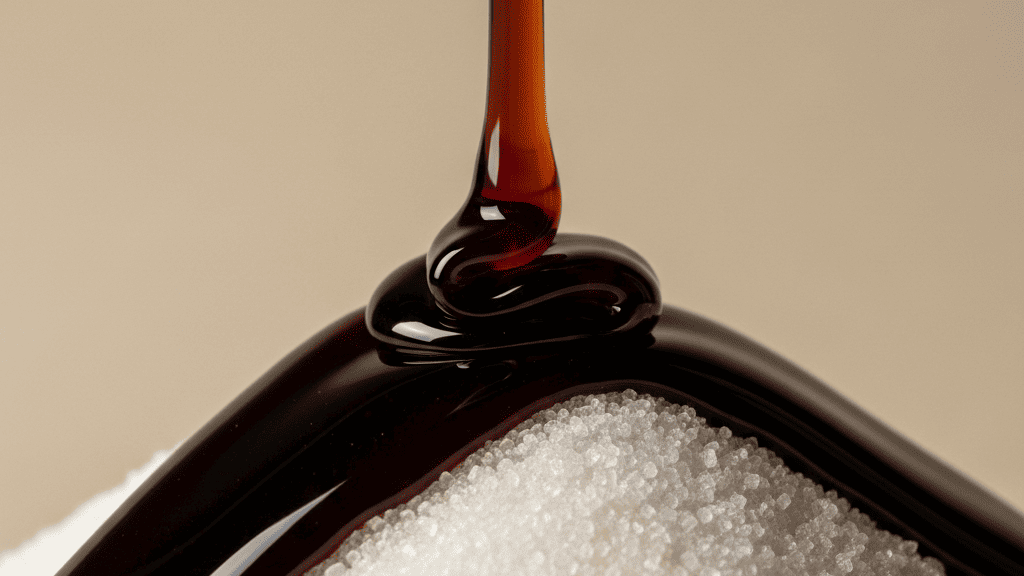 Glossy dark molasses being drizzled over pale refined sugar crystals, macro shot with dramatic light