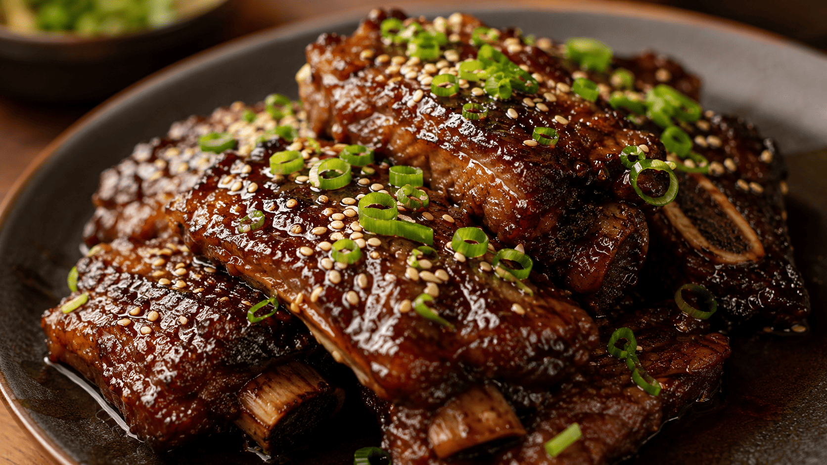 Glossy soy-glazed short ribs on a dark plate