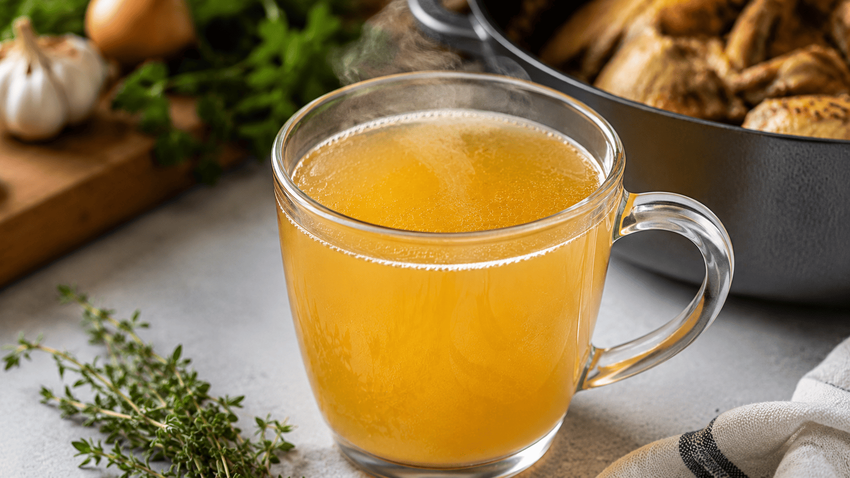 Golden bone broth in a clear glass mug, steam rising