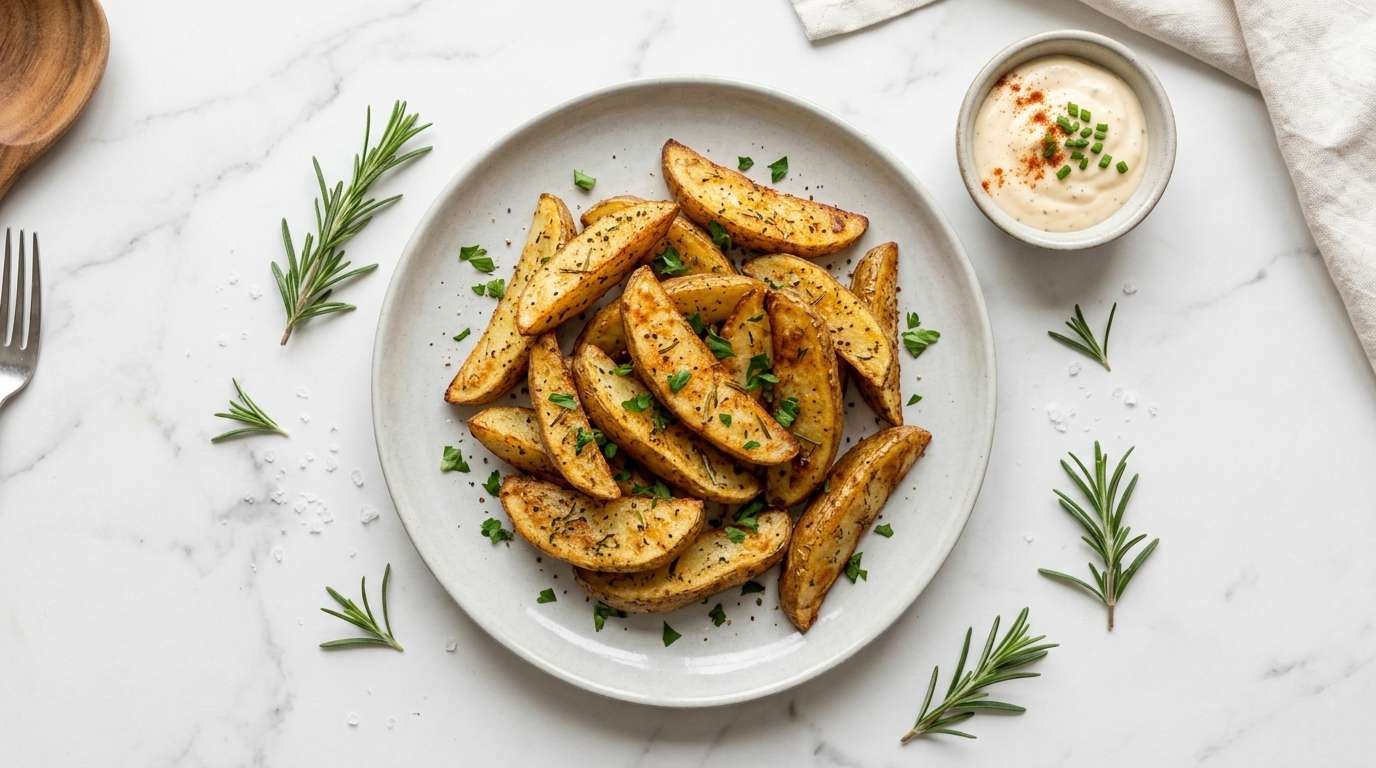 Golden potato wedges stacked high on parchment, sprinkled with herbs and sea salt, small pot of dipping sauce beside them, natural light
