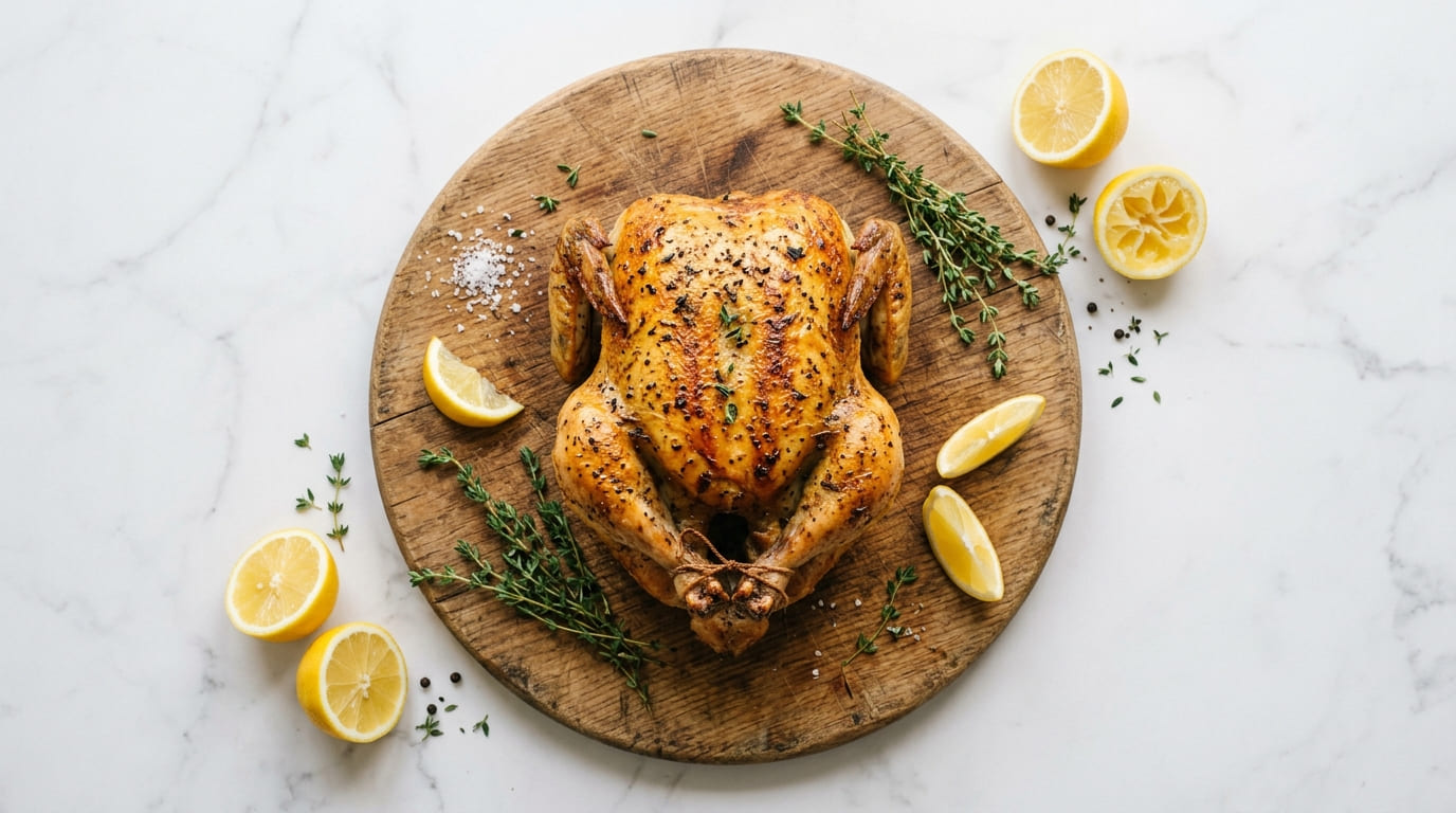 Golden roasted whole chicken resting on a wooden board, herbs tucked underneath, warm late afternoon kitchen light