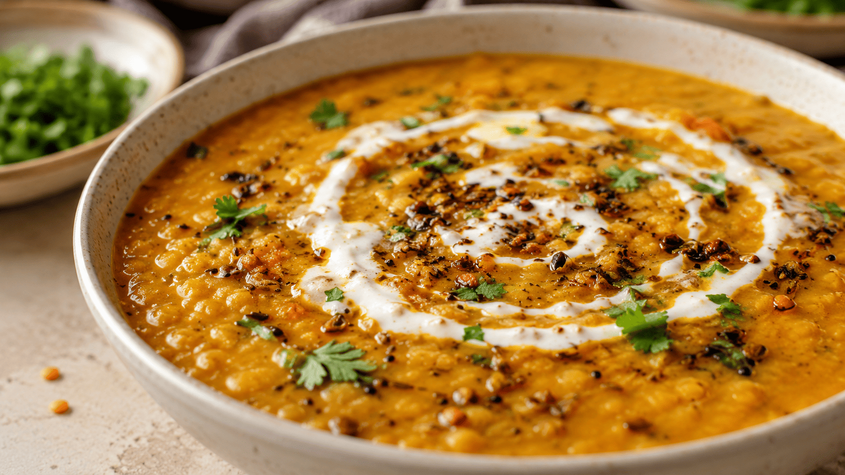 Golden yellow red lentil dal in a wide bowl