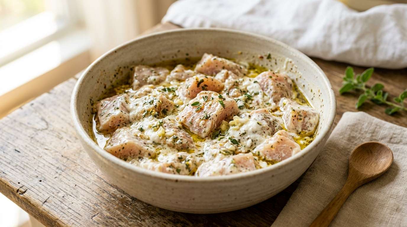 Grilled chicken pieces with beautiful char marks, lemon slices and fresh oregano alongside, bright Mediterranean table setting