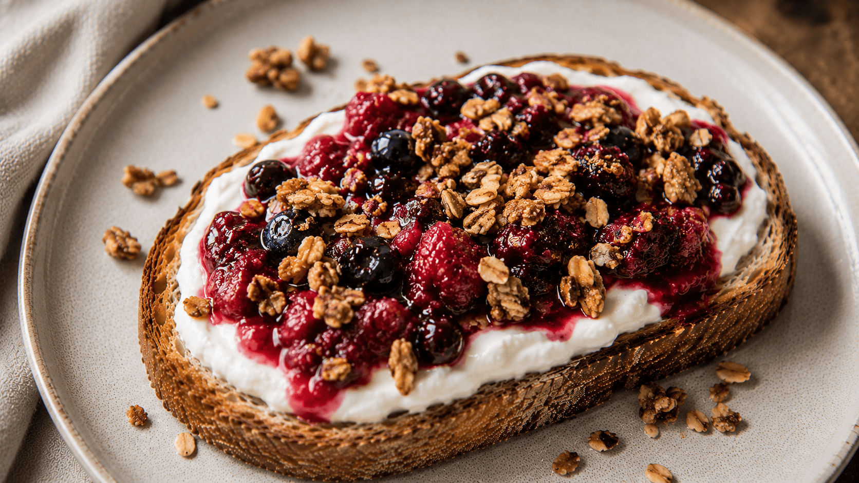 Greek yogurt toast with warm berry compote and a scatter of crunchy granola