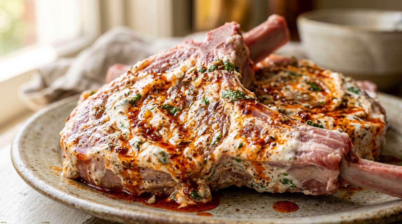 Grilled lamb chops with deep red harissa char, pomegranate seeds scattered, fresh mint garnish on a North African-inspired ceramic plate