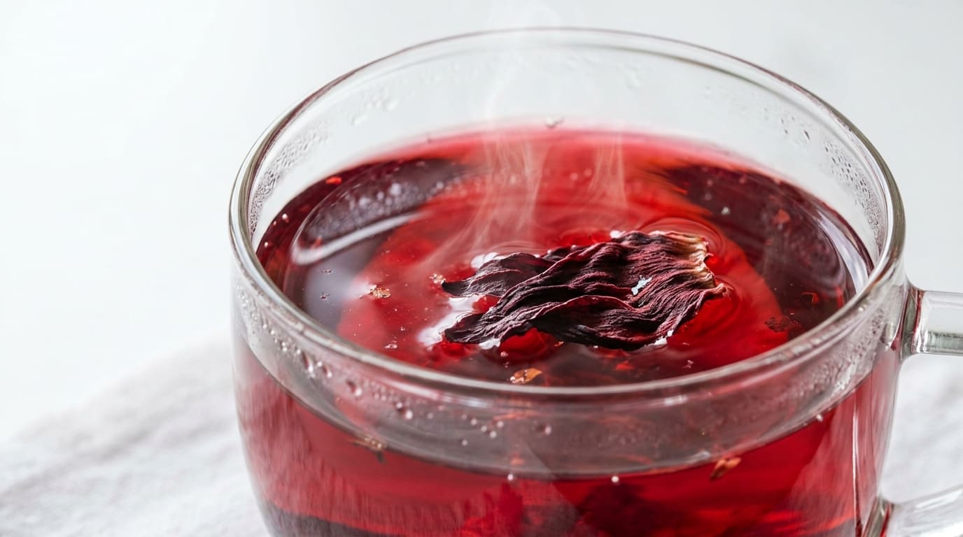 Hibiscus hot tea in a glass — deep crimson, tart, visually spectacular