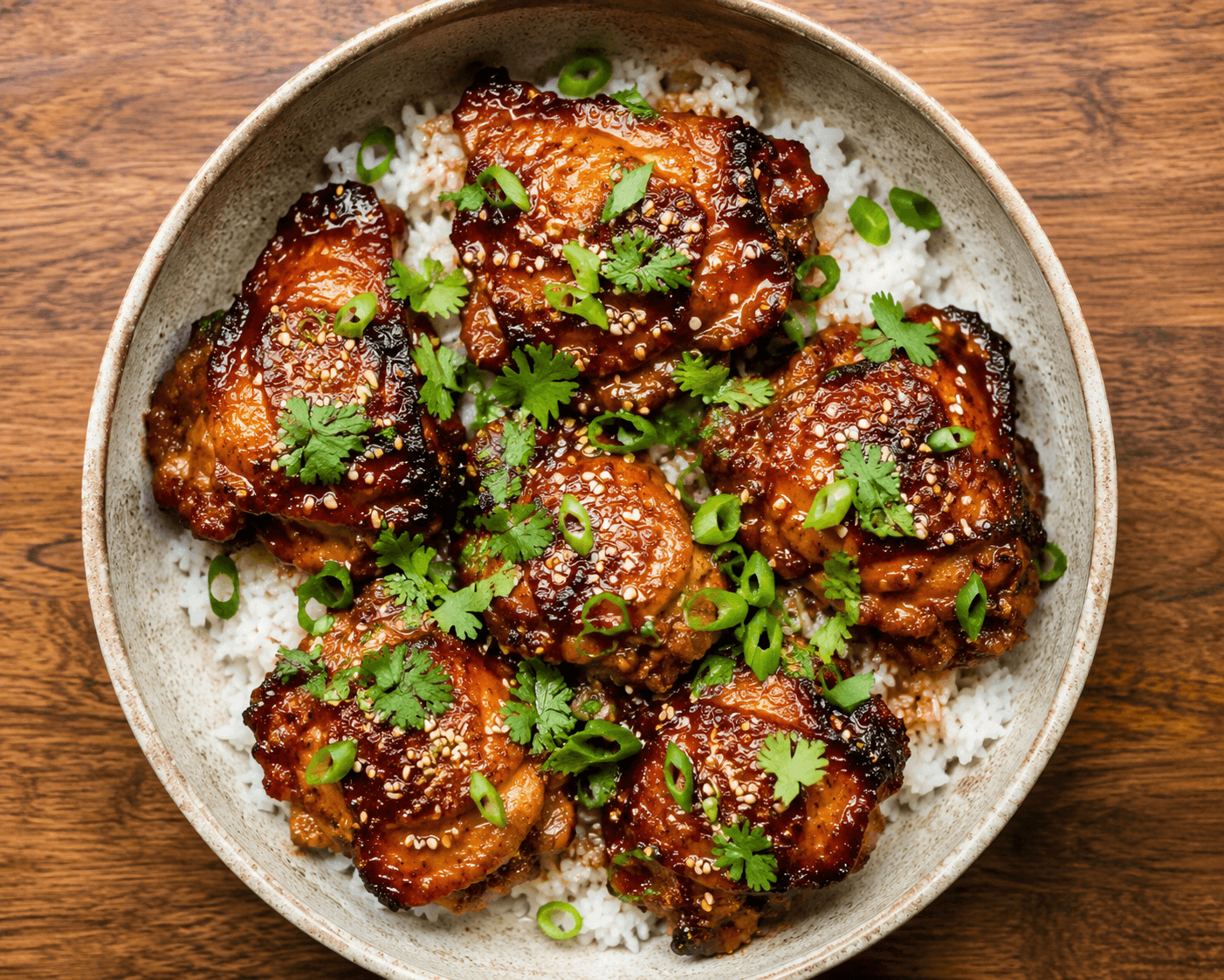 Honey garlic chicken thighs, glossy caramelized sauce, served over rice with scallions and sesame seeds