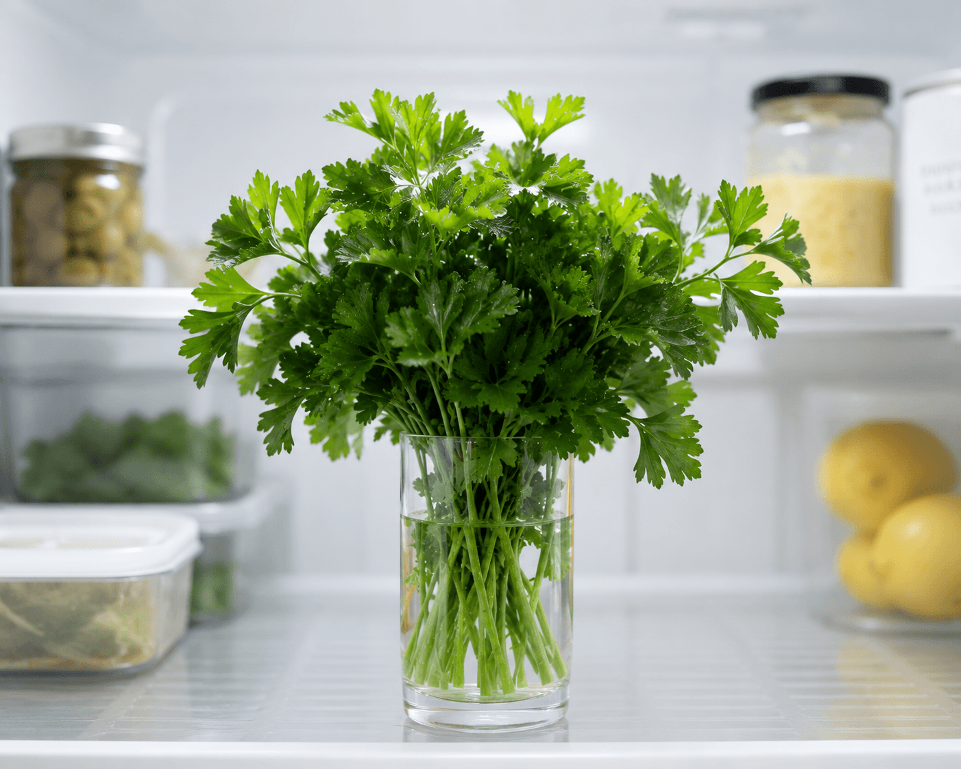 Parsley bunch stored stem-down in a glass of water inside the fridge, bright refrigerator light