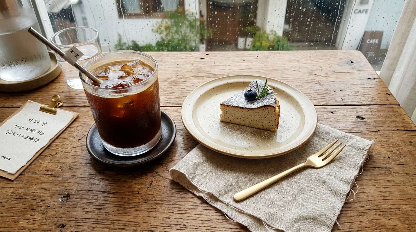 Korean café window with iced Americano, condensation, rain outside, editorial split-light framing