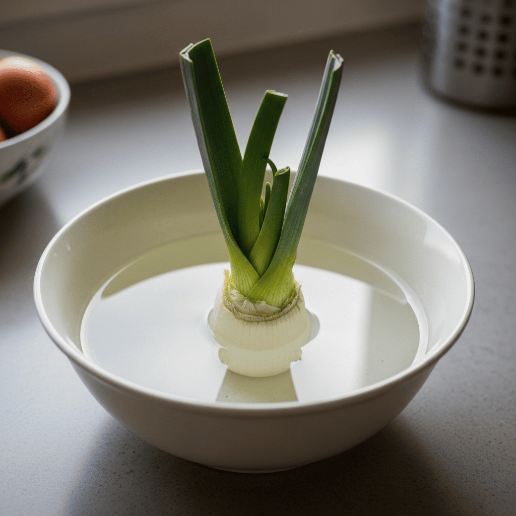Leek base in shallow water bowl sprouting a fresh green center