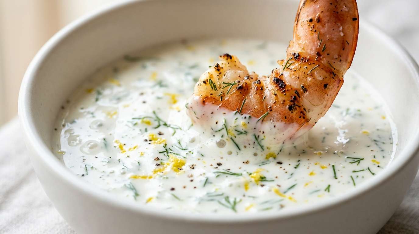 Pale green-white lemon dill yogurt sauce in a small dish beside grilled prawns and lemon wedges, fresh dill scattered over