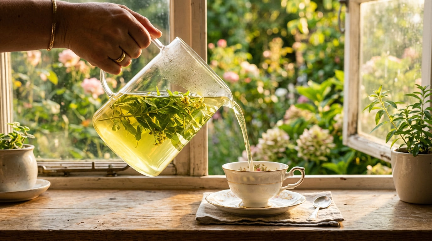 Lemon verbena tea in a glass — golden, citrus-floral, calming