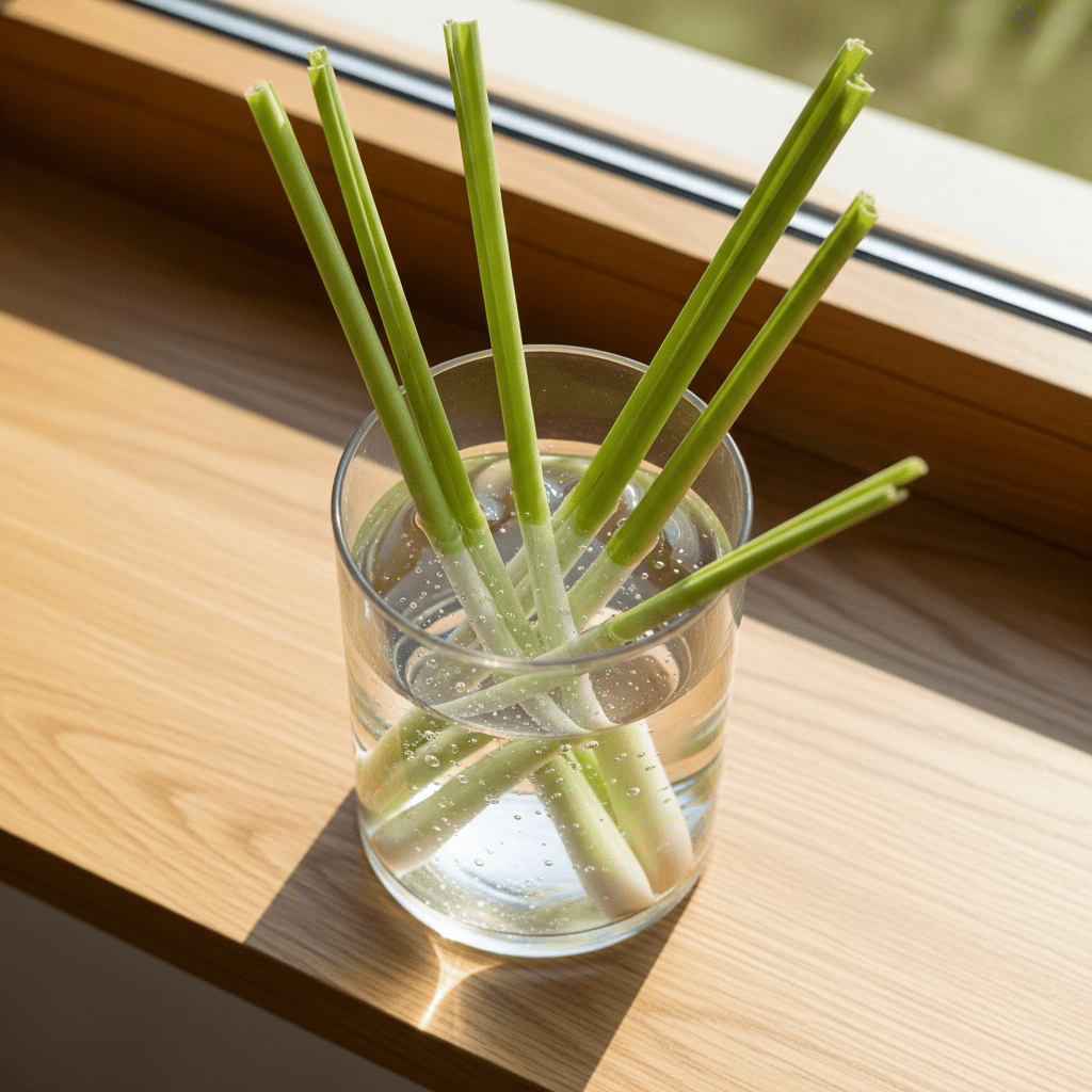 Lemongrass stalks rooting in a glass of water on a bright sill