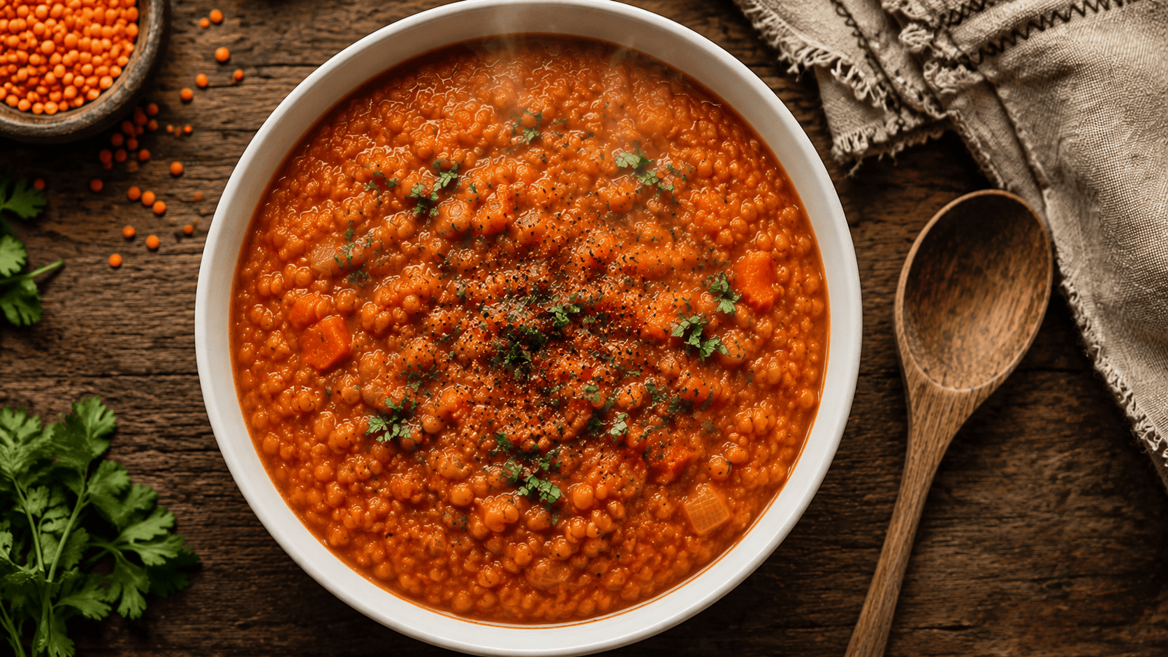 Overhead shot of red lentil stew in a rustic bowl, deep orange-red color, steam rising, rough wooden spoon resting beside it