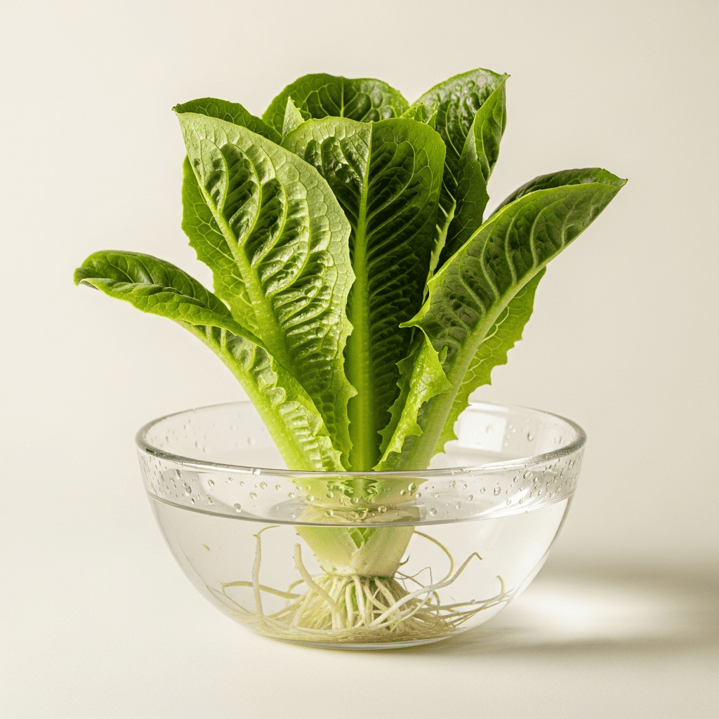 Lettuce stump sprouting a rosette of new leaves in shallow water in a jar or bowl