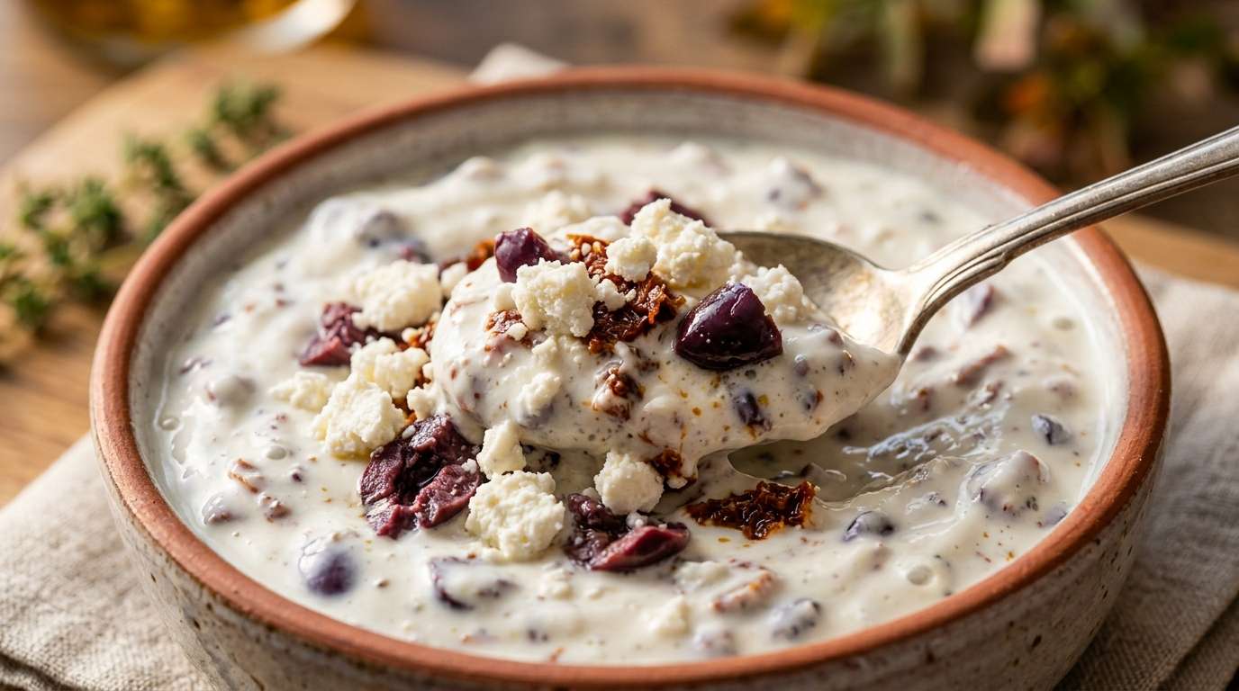 Yogurt dip studded with Kalamata olives and sun-dried tomatoes, crumbled feta on top, terracotta serving dish