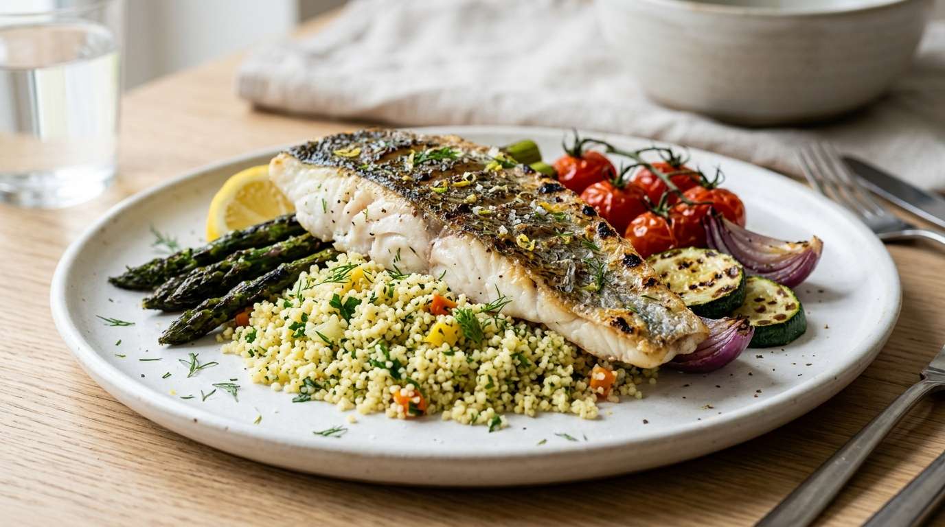 Mediterranean-style meal scene — shared food, warm light, real ingredients