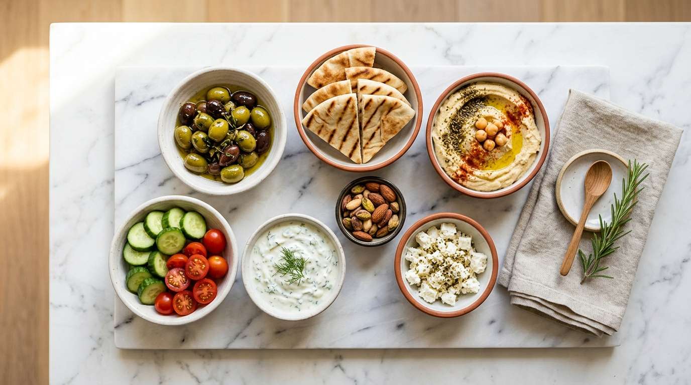 Mediterranean-style meal scene: olive oil, bread, vegetables, fish, warm natural light, relaxed dining atmosphere